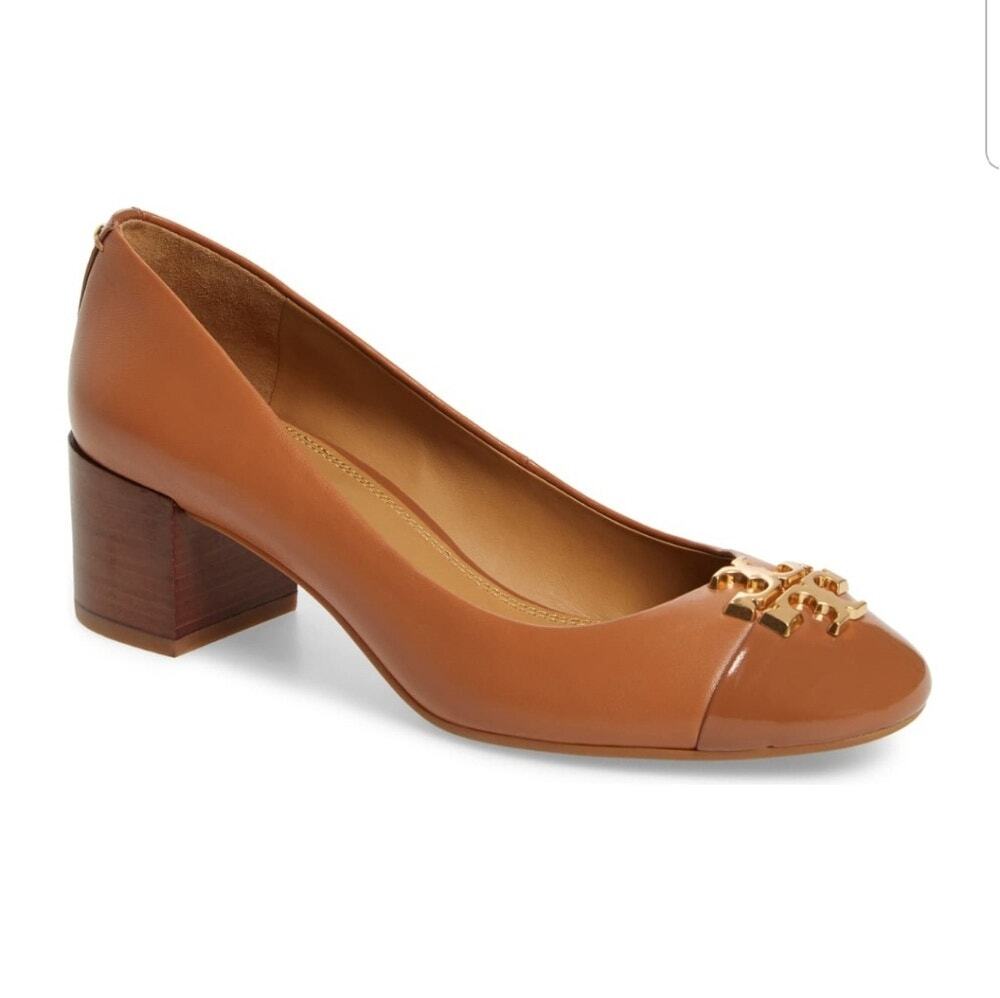 Tory Burch 50mm Everly cap toe gold logo leather block heel pumps Women's 6.5